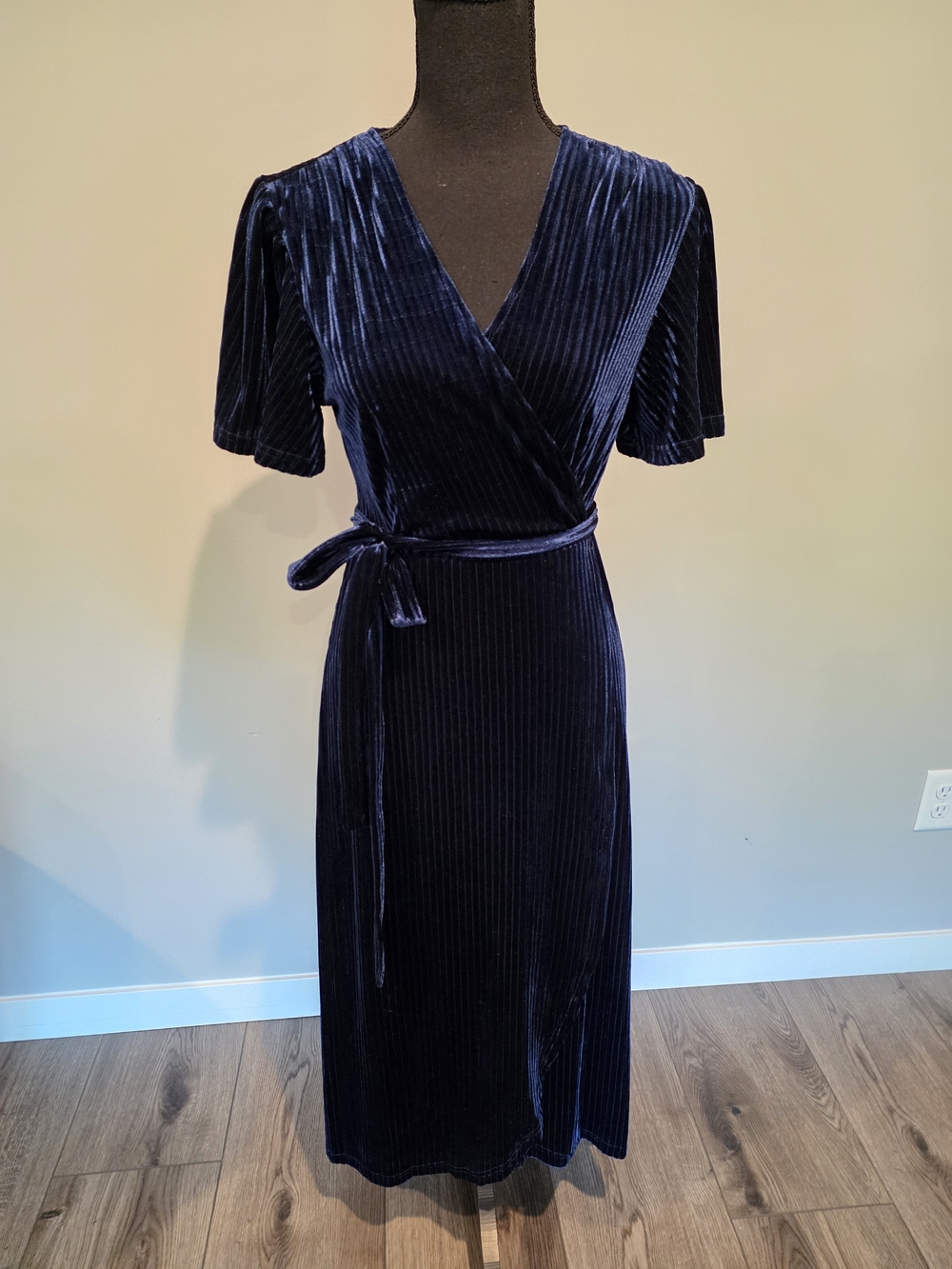 Navy Velvet Wrap Midi Dress with Tie Waist